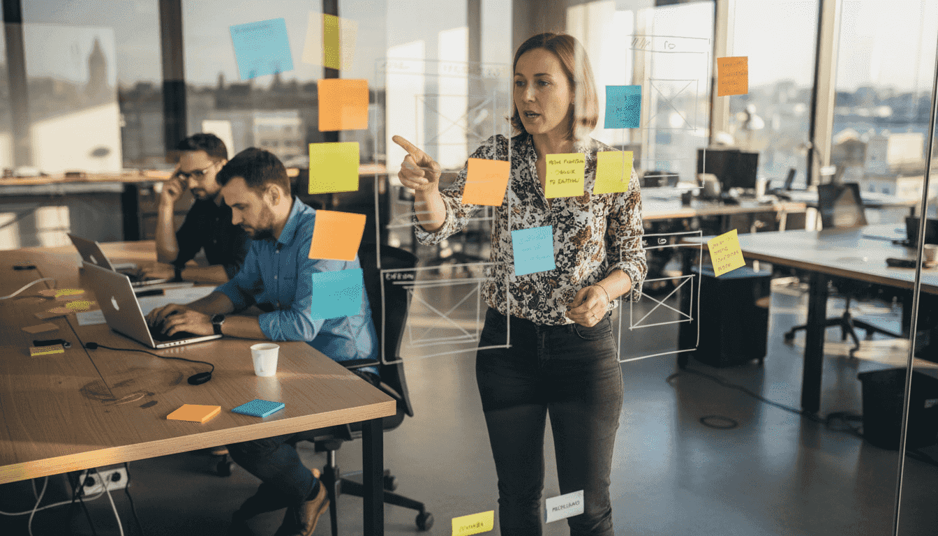 Woman leading a brainstorming session using colorful sticky notes on a glass wall in a modern office, while two colleagues work on laptops in the background. Wireframe sketches and flow diagrams are visible among the notes, suggesting a collaborative UI or UX design meeting.