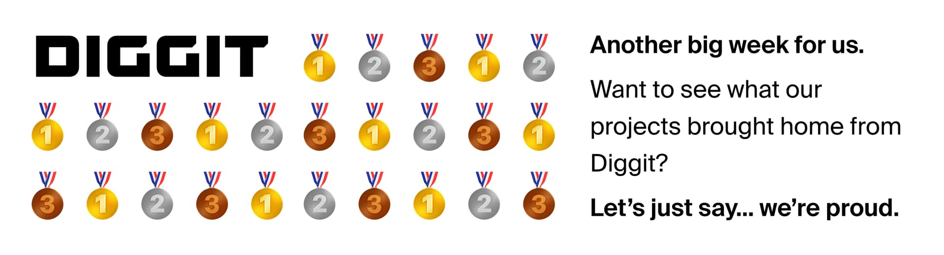 DIGGIT logo on the left with five rows of gold, silver, and bronze medals, each labeled with numbers 1, 2, and 3. On the right, bold text reads: "Another big week for us. Want to see what our projects brought home from Diggit? Let’s just say... we’re proud." The image highlights CNJ Digital’s award achievements at Diggit.