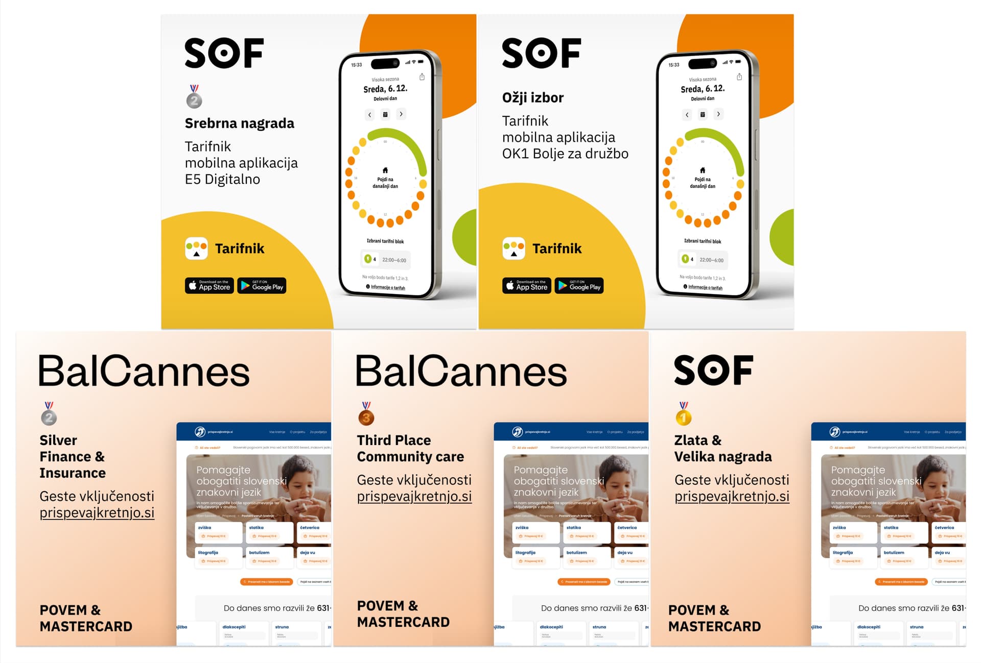 Five award announcement cards for CNJ Digital’s projects, each displaying the name of the award, project, and client. Top row: Two cards for SOF awards—Srebrna nagrada (silver) for the E5 Digitalno mobile app and Ožji izbor (shortlist) for the OK! Bolje za družbo app, both showing app interface mockups on smartphones. Bottom row: Three cards for BalCannes awards—Silver for the prispevajkviatrenjo.si finance/insurance website, Third Place Community Care for the same website, and Gold & Winner at SOF for the same project, with website interface images. All cards show client names and emphasize awards won by CNJ Digital.