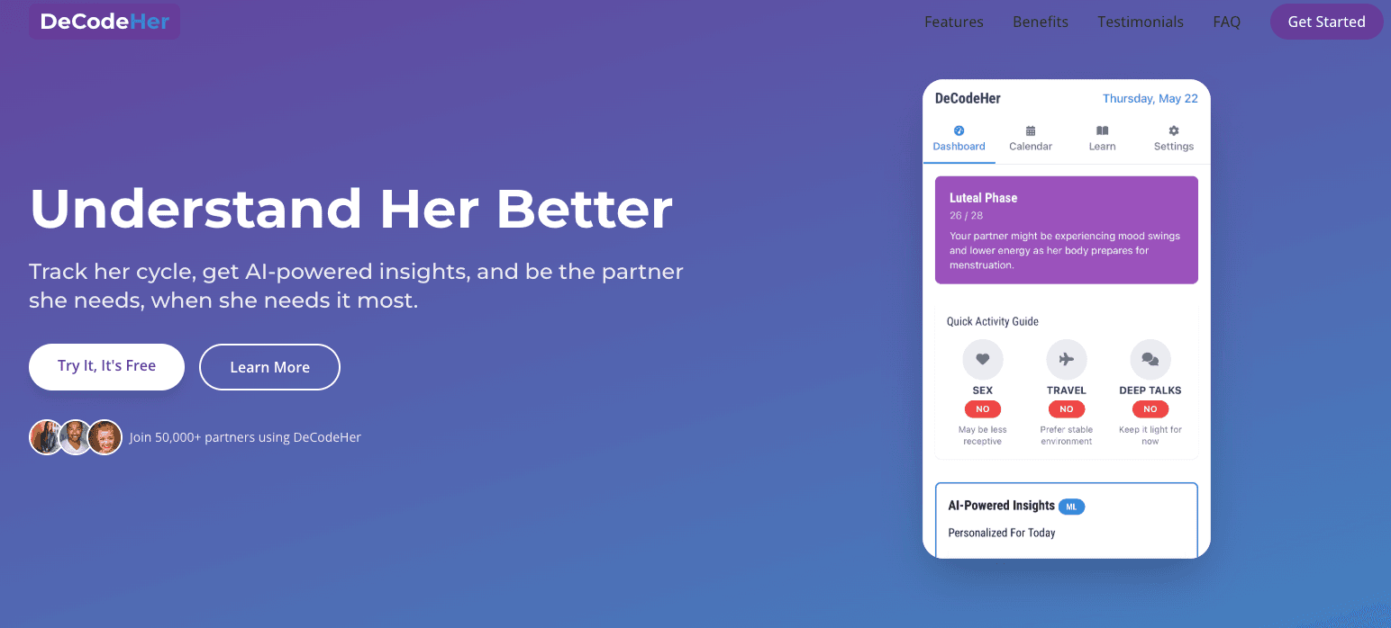 DeCodeHer website homepage featuring headline "Understand Her Better" and subtext about tracking menstrual cycles with AI-powered insights. Two call-to-action buttons, “Try it. It’s Free” and “Learn More,” are visible. The right side shows a mobile app interface dashboard with cycle tracking, a period summary, and options like “Sex,” “Travel,” and “Deep Talks.” A partner badge indicates over 50,000+ partners using DeCodeHer. Navigation links for Features, Benefits, Testimonials, FAQ, and a prominent “Get Started” button are at the top. Gradient blue-purple background.